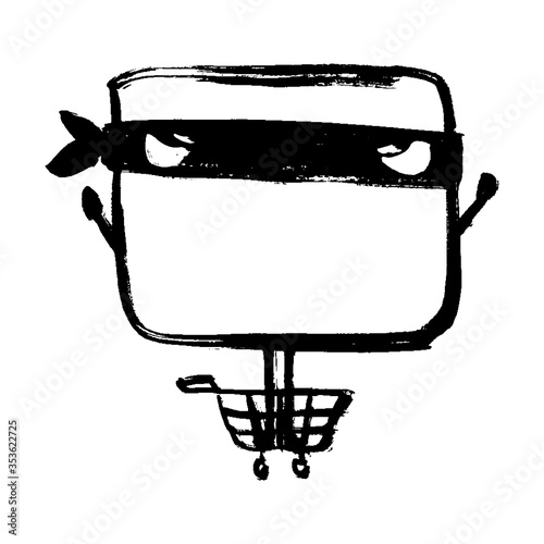 Shopping With Credit Card. Illustration of a cartoon angry unhappy funny credit card character standing in shopping cart. Ninja doodle design. Grunge ink hand-drawn style. © larysaray