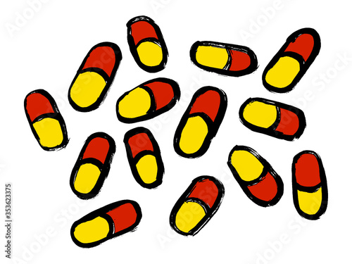 Pills pattern in grunge flat style isolated on white background. Symbol for cure China pathogen respiratory coronavirus 2019-nCoV. Colors of Chinese Flag.