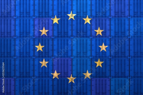 The restart of european economy. Import export business. Stacked cargo containers. Flag of EU. Coronavirus crisis. 3D rendering photo