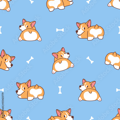 Cute corgi butt, welsh corgi dog looking back seamless pattern, vector illustration