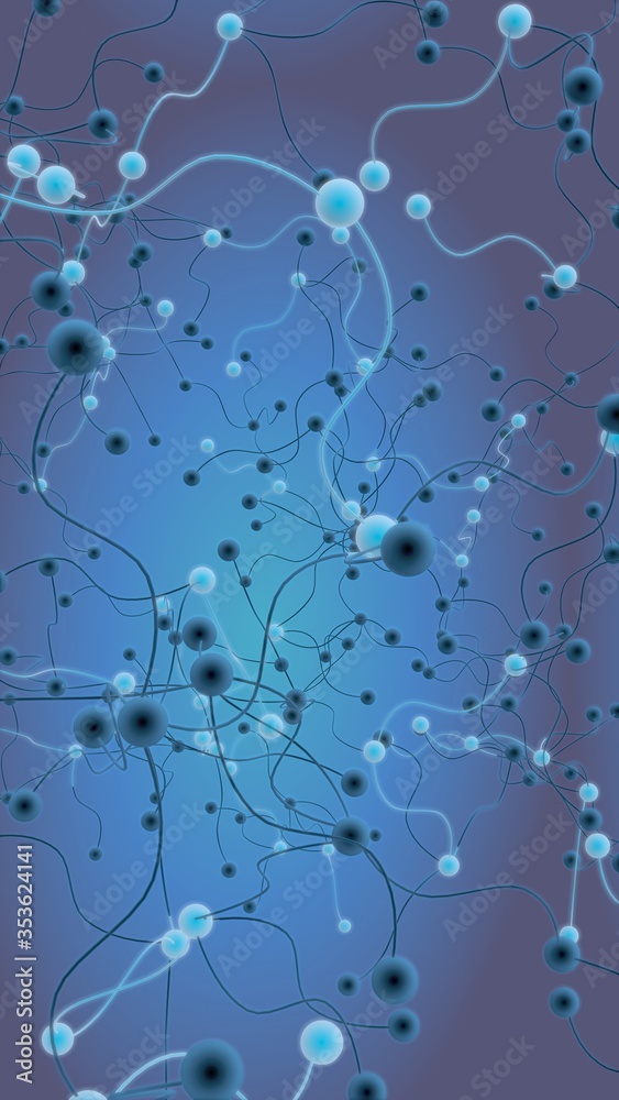 Neural network. Social network. Futuristic blue background. Abstract molecule, cell illustration, mycelium. Hi tech purple background. Vertical orientation. 3D illustration Neural network. Social network. Futuristic blue background. Abstract molecule, cell illustration, mycelium. Hi tech purple background. Vertical orientation. 3D illustration
