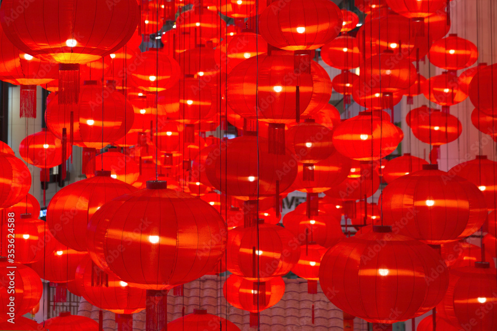 Many Chinese red lanterns as new year symbol.