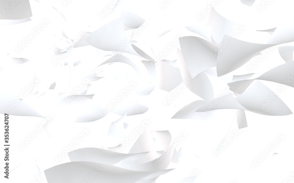 Flying sheets of paper isolated on white background. Abstract money is flying in the air. 3D illustration