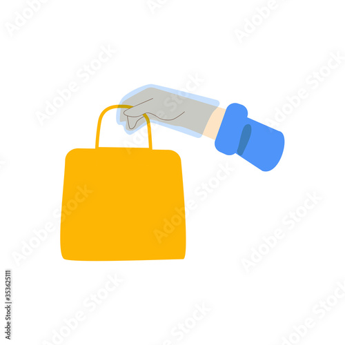 delivery handConcept of an online delivery service, tracking online orders, home and office delivery. Courier in protective gloves. Vector illustration. package.eps