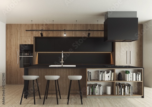 Nowoczesne wnętrze kuchni w domu, połączenie drewna z ciemnymi i czarnymi dekorami.
