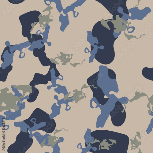 Urban camouflage of various shades of blue, green and beige colors