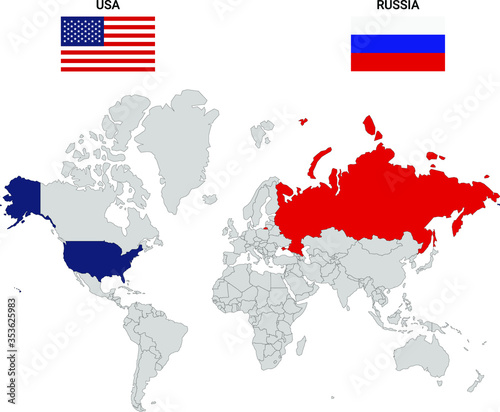 World map with USA and Russia and flags