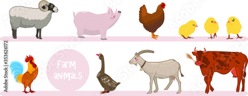 Fototapeta Naklejka Na Ścianę i Meble -  vector illustration poster on an agricultural theme. Farm animals. A frame for advertising your natural production of farm food products.