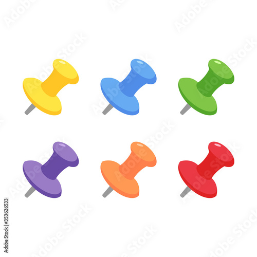 Colorful plastic pushpin flat vector illustration set.