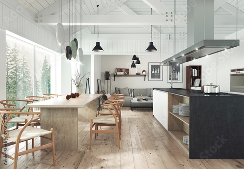 Wnętrze w stylu skandynawskim łączącym kuchnię, jadalnię i pokój dzienny.