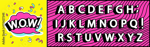 3d funny english white alphabet with black deep shadow. Cartoon font kids pop art style. Pink speech bubble cloud. Wavy curve bright purple background. Explosion blue confetti. Birthday surprise party