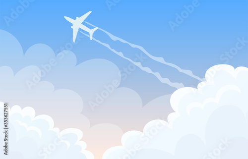 Flying airplane in the sky. Plane among the white clouds.