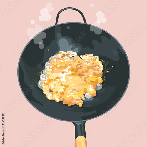Top view of frying eggs in a pan.