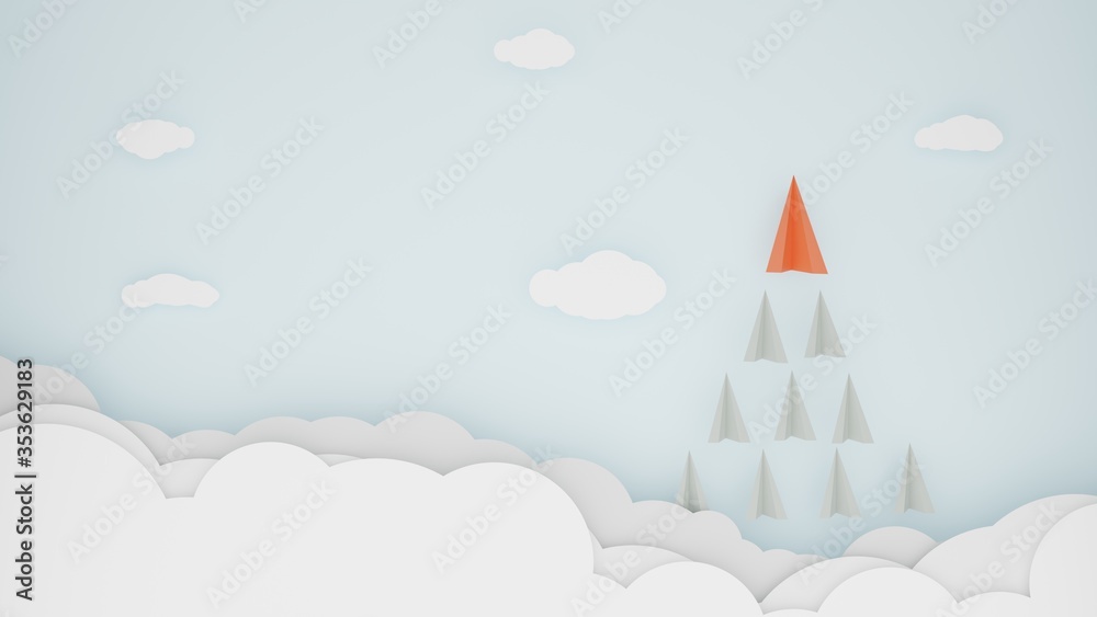 3D Render. Digital craft and paper art style of business teamwork creative concept idea. Paper airplanes flying from clouds on blue sky. Leadership red paper plane leading among white. copy space