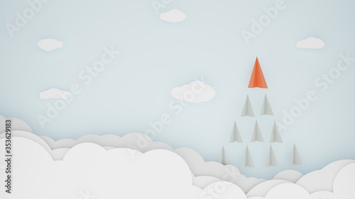 3D Render. Digital craft and paper art style of business teamwork creative concept idea. Paper airplanes flying from clouds on blue sky. Leadership red paper plane leading among white. copy space © Siriroj