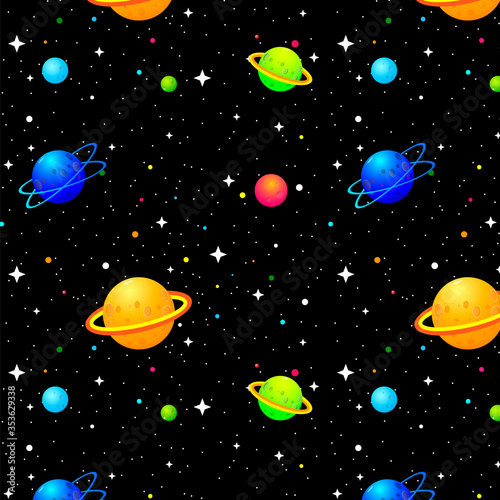 Space cartoon seamless background with planets and stars. Vector illustration.