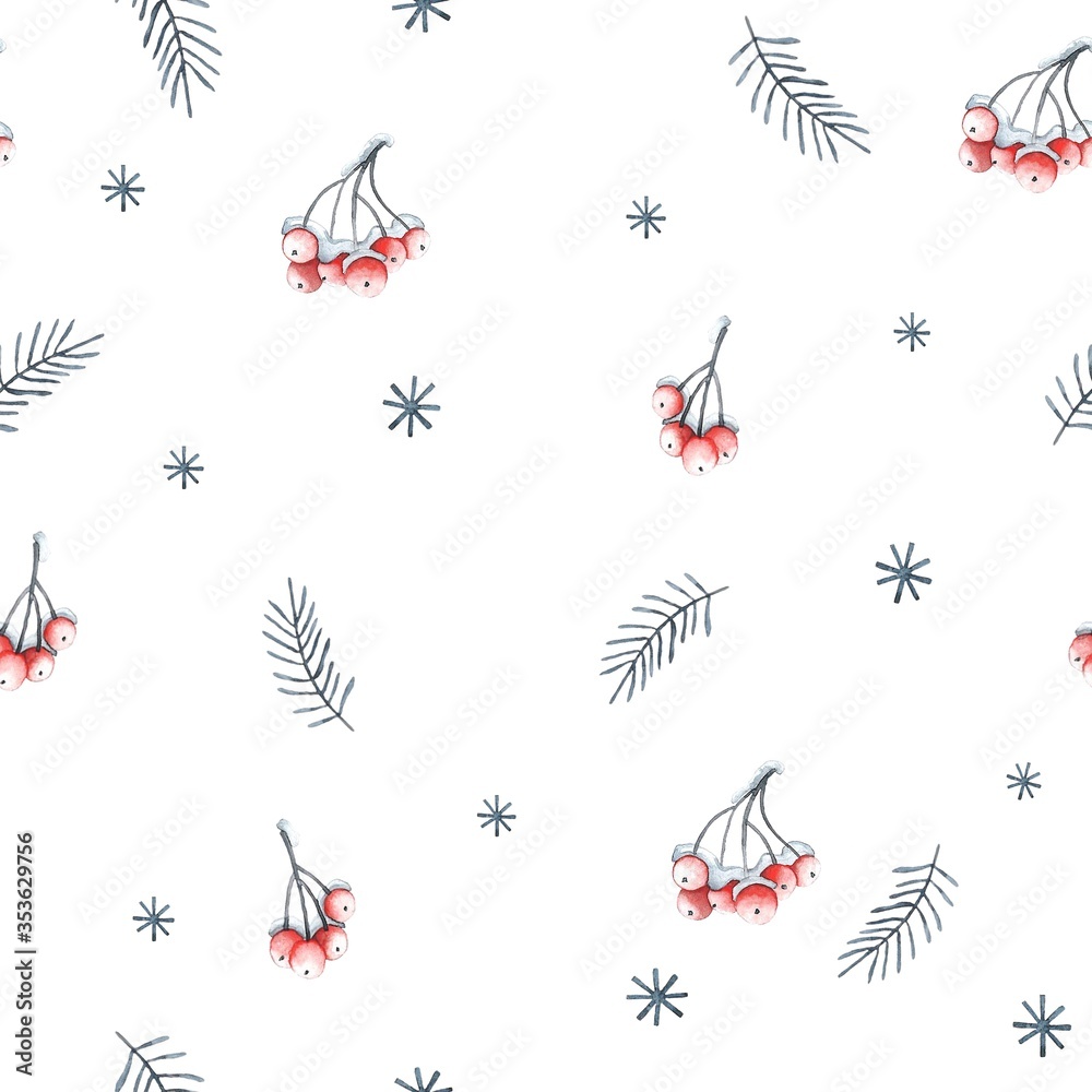 Seamless pattern with fir branches, snowflakes and rowan berries. watercolor illustration. blue branches and red berries isolated on white background. illustration for print and design. Seamless pattern with fir branches, snowflakes and rowan berries. watercolor illustration. blue branches and red berries isolated on white background. illustration for print and design.