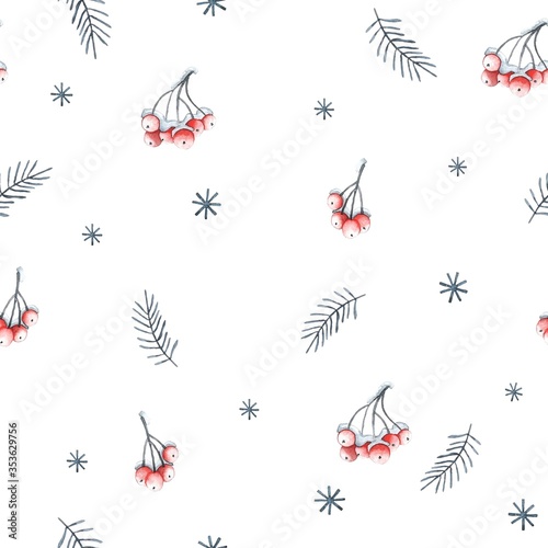 Seamless pattern with fir branches  snowflakes and rowan berries. watercolor illustration. blue branches and red berries isolated on white background. illustration for print and design.