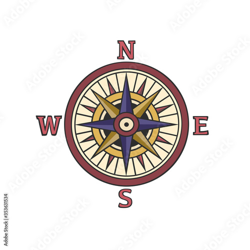 Vector compass rose on white background. Vintage retro style colors.