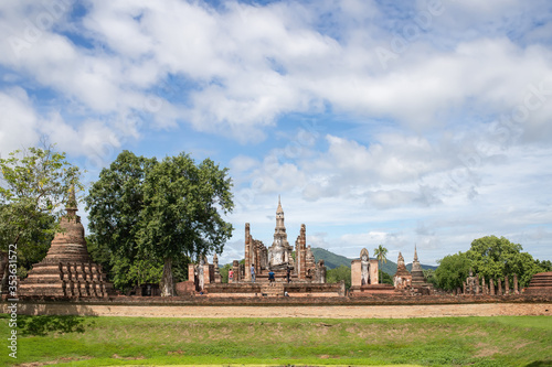 Beautiful scenery of Sukhothai Historical Park, Thailand in the morning with a sky background. Is a place that is famous and very popular with both Thai and foreigners with copy space