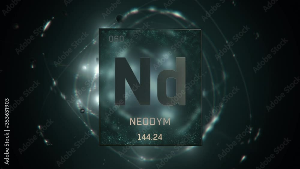 Neodymium as Element 60 of the Periodic Table. Seamlessly looping 3D animation on green illuminated atom design background orbiting electrons name, atomic weight element number in German language