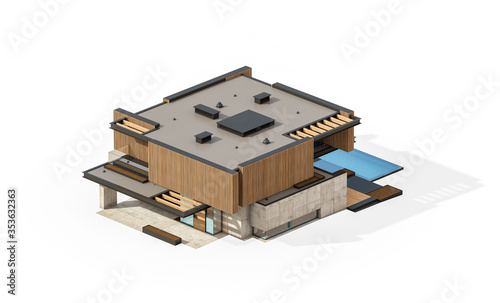 3d rendering of modern cozy house with parking and pool for sale or rent with wood plank facade. Isolated on white