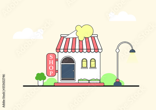 Ice cream restaurant and shop building facade. Flat style illustration or icon. EPS 10 vector.