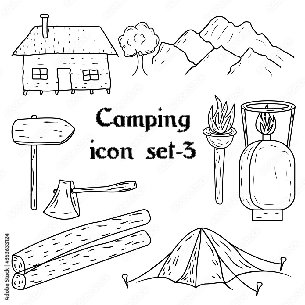 Doodle Icons Hand Made Set of hand drawn camping and travel equipment ...