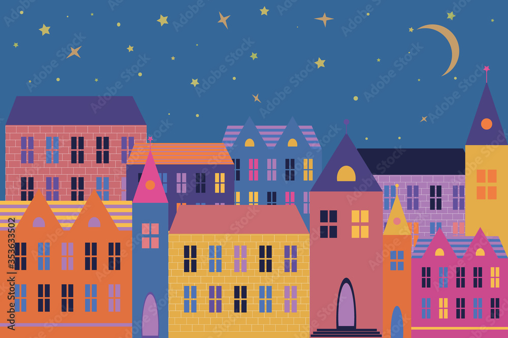 Color house in cartoon style at night for decoration design. Cartoon style. The row of houses at night. City background.