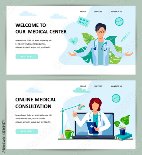 Tele medicine, online doctor and medical consultation concept. Smiling doctor opens his hands. Doctor helps a patient on a laptop. Website design concept. Flat cartoon style vector illustration set.