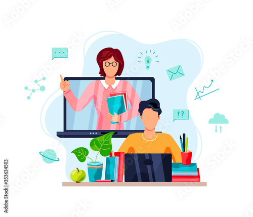 Online education, home schooling concept. Student is doing homework on computer. Female teacher on laptop screen. Vector illustration on white background. Flat cartoon style design. © Natalia