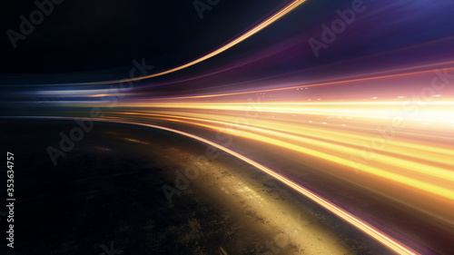 Light and stripes moving fast over dark background and are reflected in the road surface. Technology and science illustration.