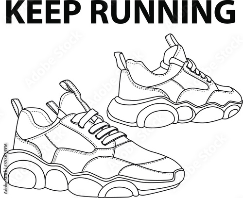 Hand drawn card with sneakers on white background. Running shoes concept. Vector coloring illustration