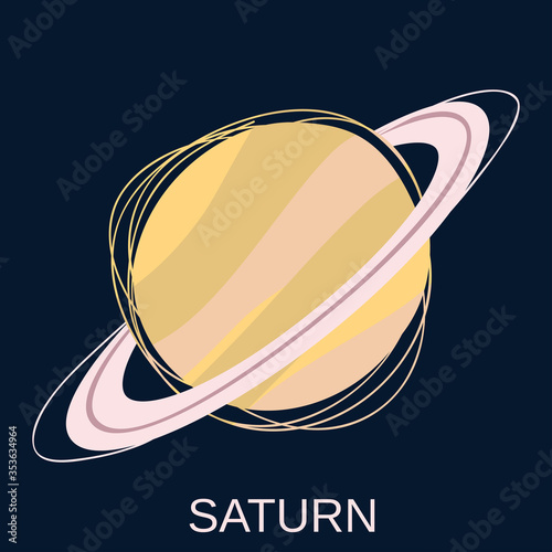 The Planet Saturn. The sixth planet from the Sun in the solar system. Vector illustration on dark blue background for design and web.