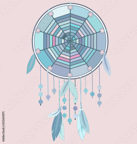 vector illustration pink blue colored image of dreamcatcher with feathers