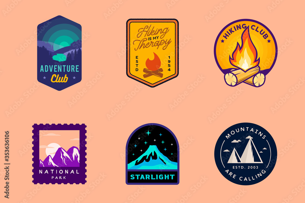 Obraz premium Wilderness and nature outdoor badges, hiking labels, mountain themed logos. Vector hiking, camping, outdoor badges.