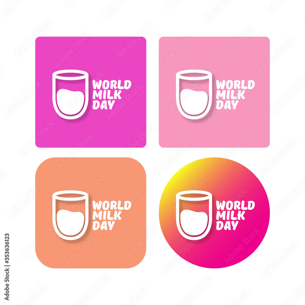 vector world milk day outline style icons set or label isolated on pink background. Milk day greeting poster design template. Milk day logo collection with milk glass
