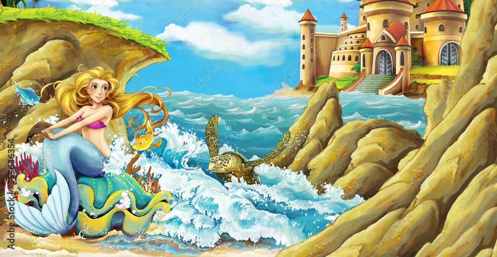 cartoon scene with mermaid princess by the sea and beautiful castle - illustration