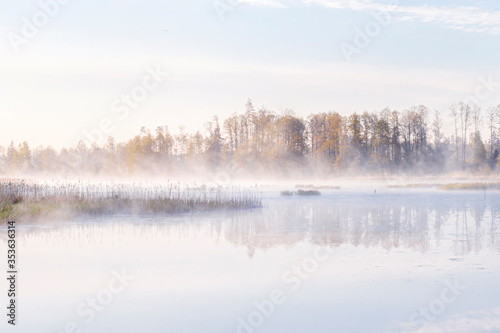 Morning fog on the river. Landscape photography.