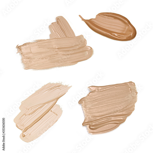 Smear collection. Close-up of a smear of concealer or foundation isolated on a white background. The basis for the correction of facial skin. Beauty concept.