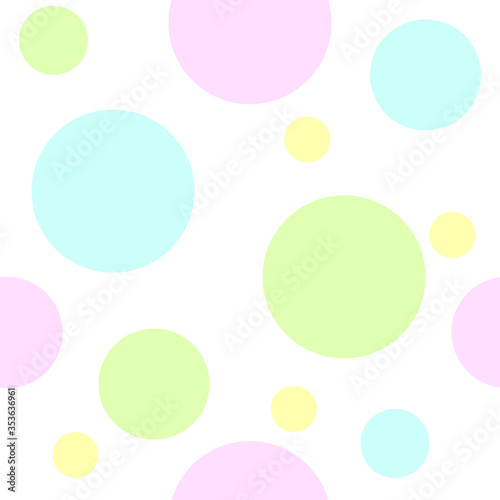 Seamless repeat pattern of pastel coloured circles or dots on a white background.  Tile, wallpaper, fabric design.