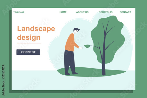 Landscaping design landing template. Eco concept. Handshake of man and tree