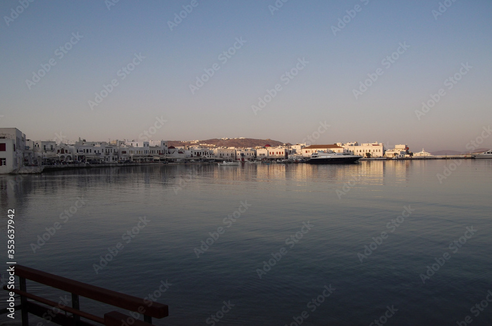 Mykonos harbor in the early morning.