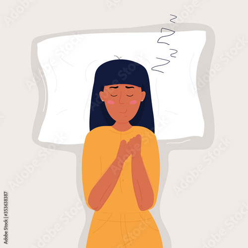 Beautiful cute young woman with dark hair in yellow pajamas sleep in her bed. Flat vector stock cartoon illustration on dark blue background.