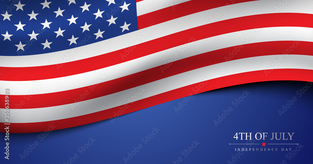 4th of July USA independence day celebration banner with 3d american flag vector template - obrazy, fototapety, plakaty 