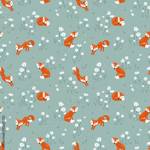 Lovely doodle fox seamless pattern, cute hand drawn background - great for Kids, on textiles, banners, wallpapers - vector design