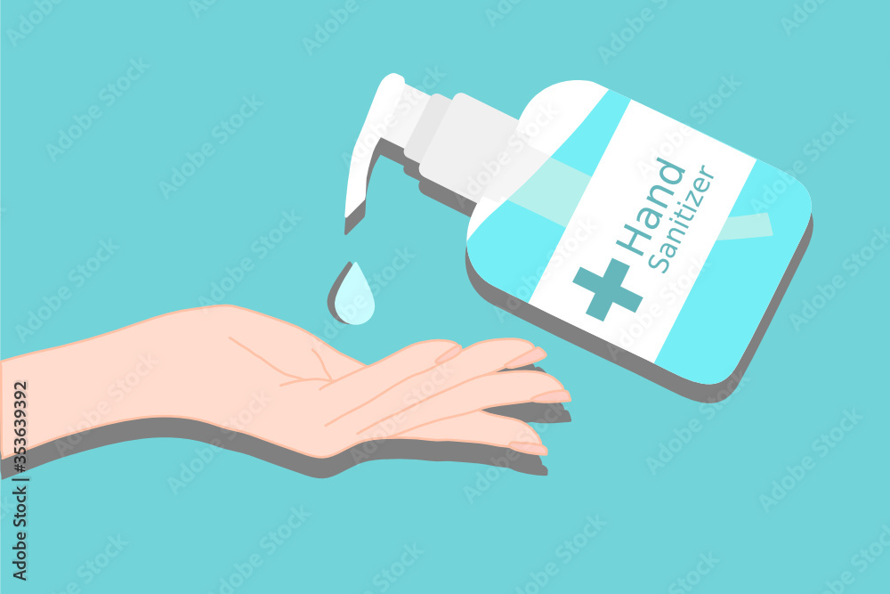 hand with hand sanitizer pump bottle and drop on the blue background. Disease prevention method. Avoid germs infection. Disinfectant product. medical advertisement. Stop spreading contagious. hand with hand sanitizer pump bottle and drop on the blue background. Disease prevention method. Avoid germs infection. Disinfectant product. medical advertisement. Stop spreading contagious.