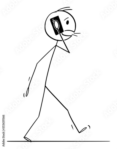 Vector cartoon stick figure drawing conceptual illustration of walking man or businessman talking on mobile smart phone, having call.