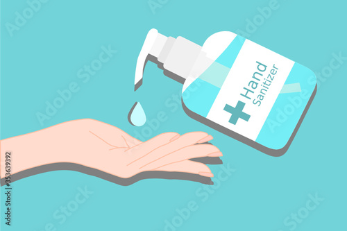 hand with hand sanitizer pump bottle and drop on the blue background. Disease prevention method. Avoid germs infection. Disinfectant product. medical advertisement. Stop spreading contagious.