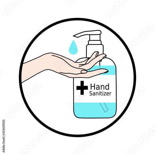 hand with hand sanitizer pump bottle and drop in the outline circle. Disease prevention method. Avoid germs infection. Disinfectant product. medical advertisement. Stop spreading contagious.